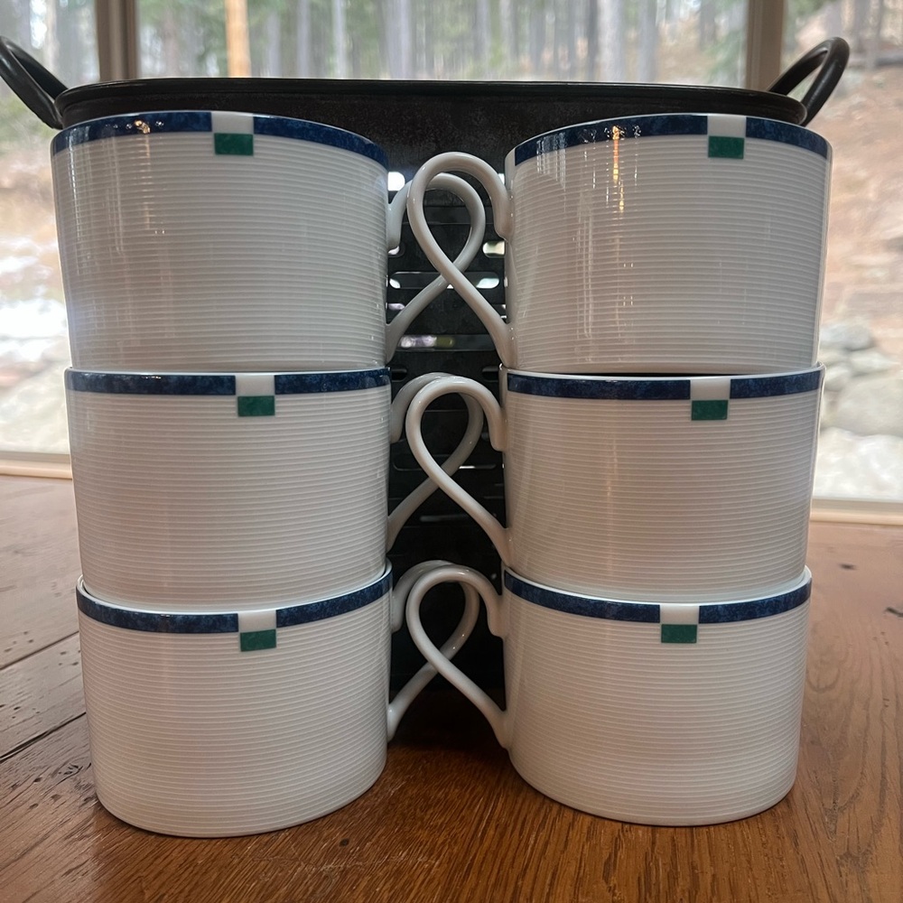 Mikasa Savannah Fine China Coffee Cups Set of 6 Blue Green Rim